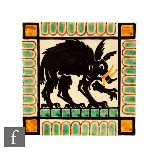 833 - A 20th Century Marsden 4 inch dust pressed tile, in black and tonal green and ochre over buff ground... 