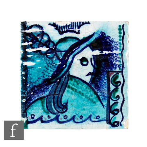 686 - A 20th Century Carter 5 inch dust pressed tile, with hand painted decoration depicting a female port... 