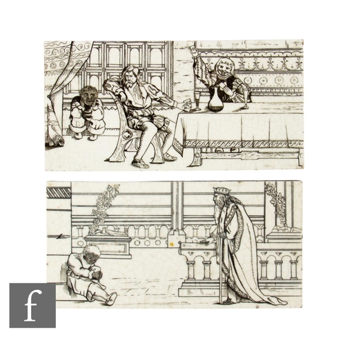 606 - Two late 19th Century tiles by J. Jones, each transfer printed in black with court scenes against th... 