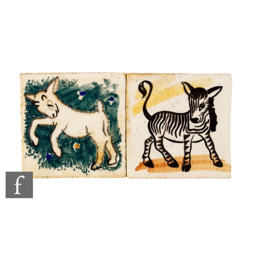 839 - Two four inch tiles attributed to Honiton Pottery, each hand painted underglaze, the first with a go... 