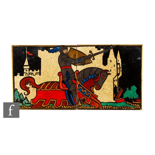 845 - A pair of 1930s Ternhill T. R. B. Ltd 5 inch dust pressed tiles, hand painted with a jousting knight... 