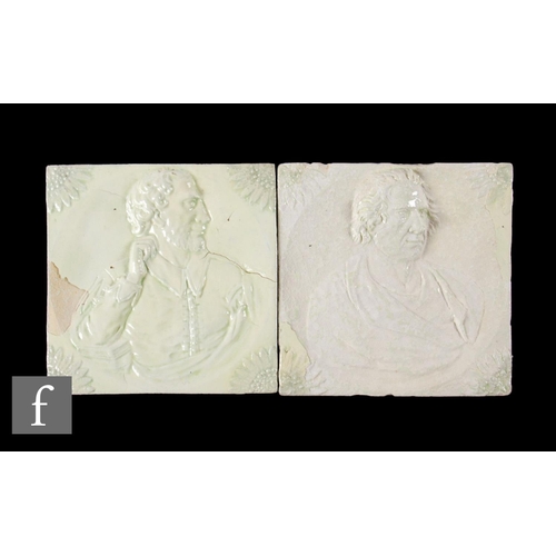 610 - A pair of late 18th Century Staffordshire Creamware tiles, each modelled in relief with a portrait o... 