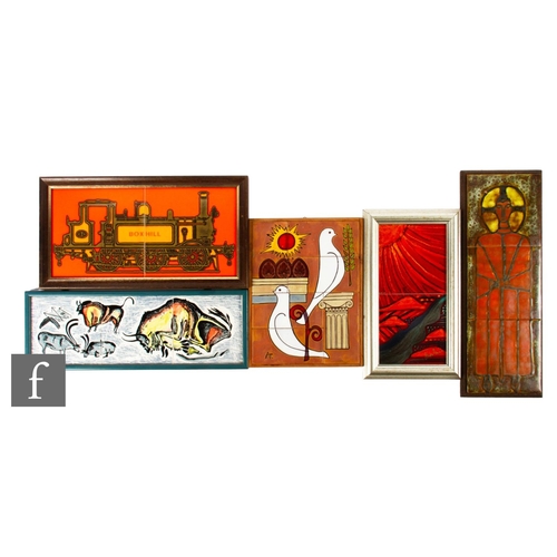 152 - A collection of 20th Century artist designed tile panels to include a three tile panel of a Celtic s... 