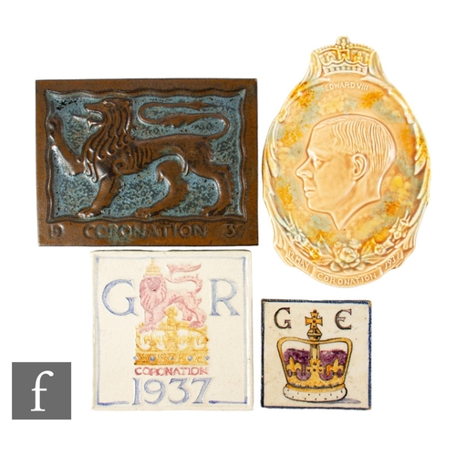 633 - Three 20th Century plastic clay commemorative tiles, including Marsden Tiles, Coronation 1937, embos... 