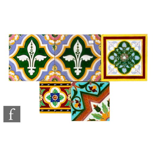 635 - Five 19th Century dust pressed Gothic Revival majolica tiles, including a pair of Minton & Co, r... 