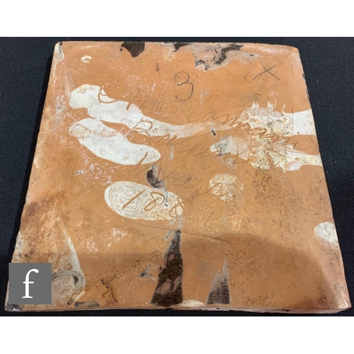 553 - A later 19th Century C.H. Brannam Ltd 6 inch earthenware tile, with scratched decoration of three st... 