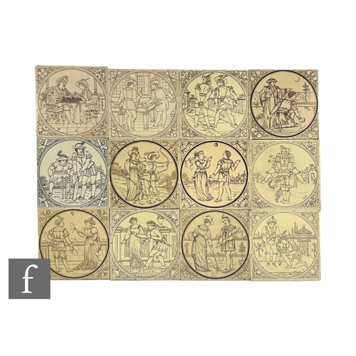 572 - A set of twelve 6 inch dust pressed tiles, attributed to Malkin Edge, monochrome printed over buff g... 