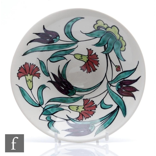 137 - A Donald and Jacqueline Mills studio pottery bowl of conical form decorated with hand painted tulips... 