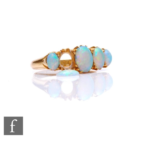 11 - An 18ct hallmarked graduated five stone opal ring, claw set stones to plain shoulders, one stone loo... 