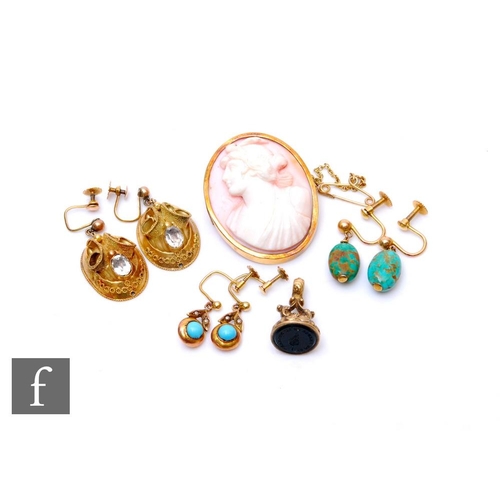 12 - Two pairs of 9ct turquoise drop earrings with a similar yellow metal pair, a fob and a cameo brooch,... 