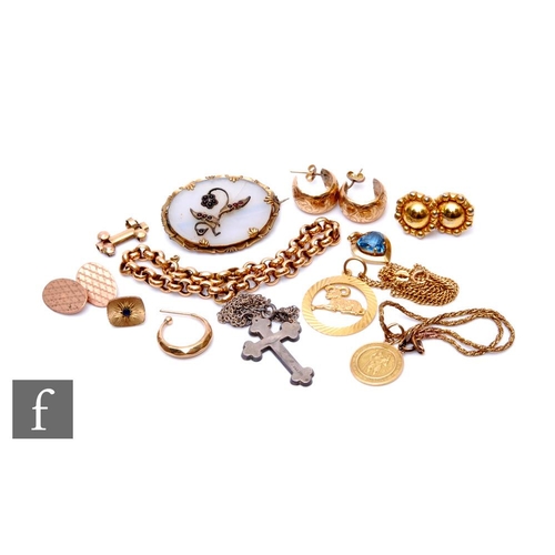 18 - A parcel lot of gold items, to include 9ct link bracelet, single cufflink, single earring, St. Chris... 