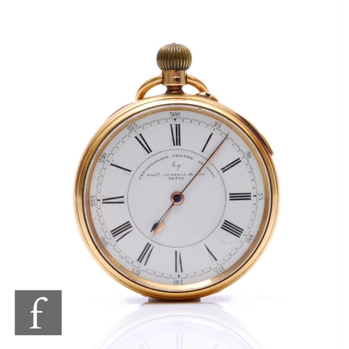 23 - An 18ct hallmarked open faced, crown wind chronograph pocket watch, Roman numerals to a white enamel... 