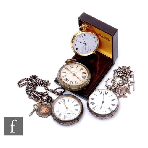 25 - A silver cased open face fob watch and Albert with rifle shooting fob, a similar watch, a plated cas... 