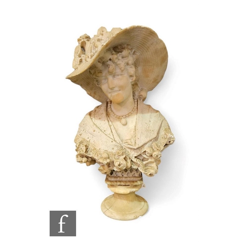 274 - A large late 19th Century alabaster bust of a young lady wearing a floral brimmed bonnet, on socle b... 