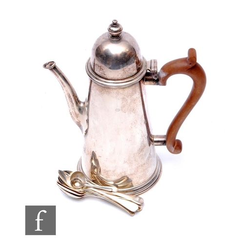 4 - A hallmarked silver coffee pot with turned wooden handle, London 1974, and assorted flatware, total ... 