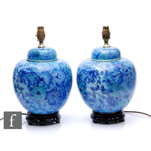 52 - A pair of Japanese cloisonne table lamps, each of rounded ovoid form, with domed fitted cover, conve... 