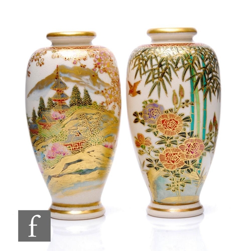 53 - Two Japanese late Meiji period satsuma vases, each of slender form, the ivory ground decorated with ... 