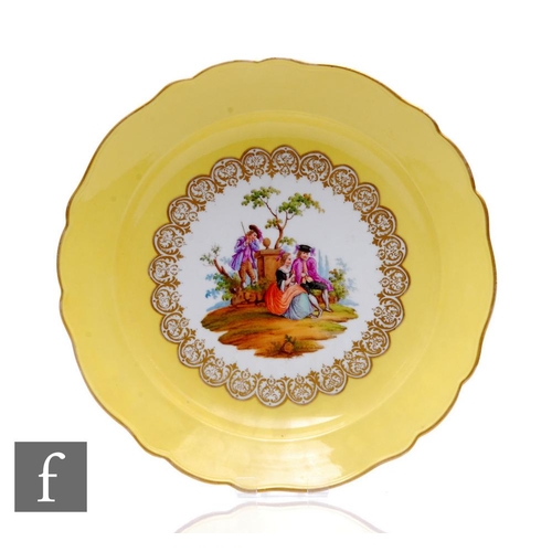 142 - A 19th Century Meissen yellow ground Watteau pattern bowl of circular scalloped form, decorated with... 