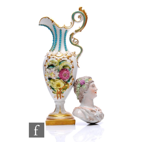 146 - A late 19th Century John Bevington Staffordshire pedestal ewer of baluster form, florally encrusted ... 