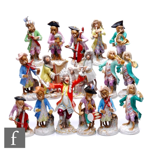 199 - A sixteen piece early 20th Century Meissen and further German porcelain monkey band group, to includ... 