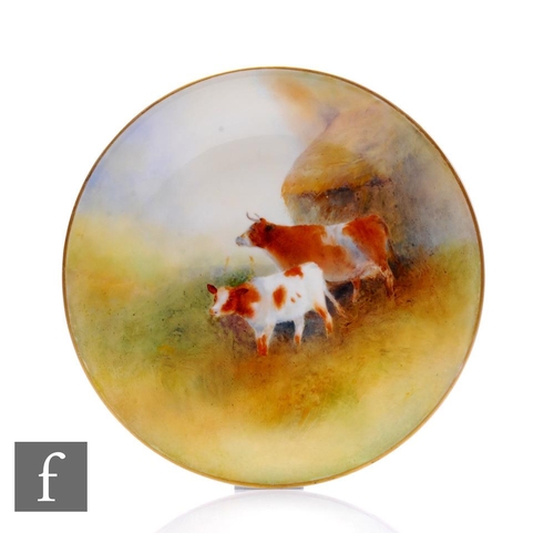 203 - A Royal Worcester hand painted cattle plate, circa 1912, decorated in tonal brown and yellow over wh... 