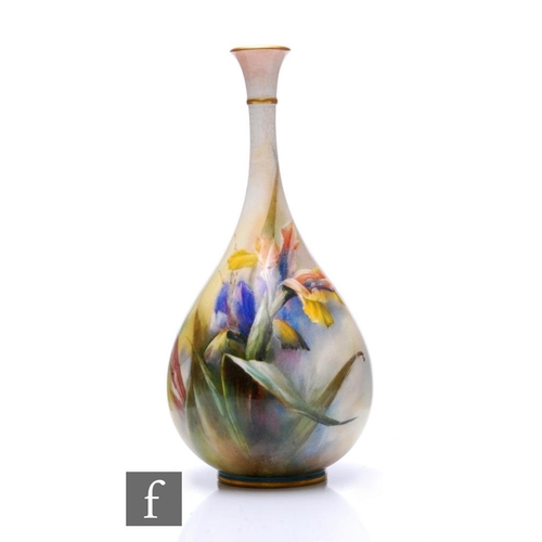 204 - A Hadley's Worcester vase, circa 1889, of teadrop form, painted with yellow and lilac flag iris on m... 