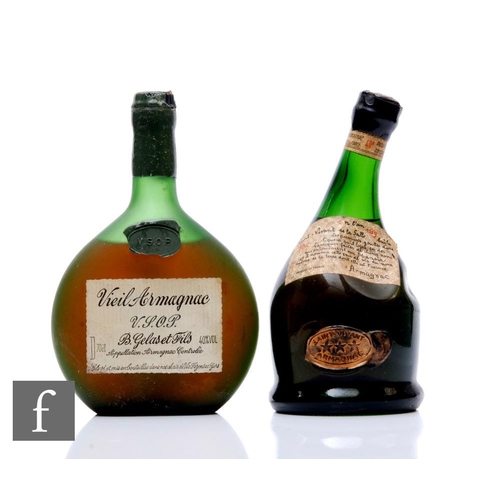 538 - Two bottles of armagnac, including Saint-Vivant de la Salle, in shaped flask bottle, 70cl, 1950s bot... 