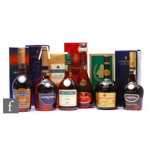 551 - Six bottles of cognac, to include three bottles of Courvoisier 70cl, quart and 1 litre, one bottle o... 