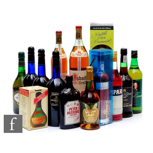 555 - A collection of various ports, liqueurs, spirits, sherry, brandy, Campari, pear brandy, Moet Petit L... 