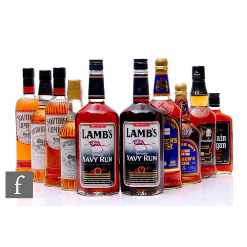 556 - Ten bottles of bourbon, rum and whisky, to include four bottles of Southern Comfort, two bottles of ... 