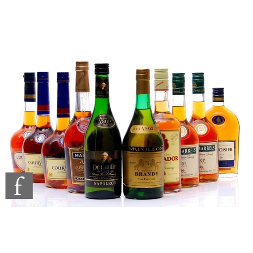 557 - Ten bottles of cognac to include Three Barrels, Courvoisier, Martell and De Gaulle. (10)PLEASE VIEW ... 