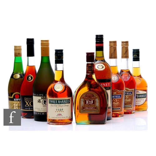 559 - Nine bottles of cognac and brandy, including Three Barrels, Martell, Bardinet and E & J. (9)PLEA... 