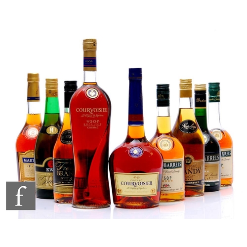 560 - Nine bottles of cognac, to include Courvoisier, Martell and Three Barrels. (9)PLEASE VIEW CONDITION ... 