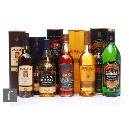 592 - Five bottles of single malt whisky to include Aberlour 10 years aged 70cl, Glenfarclas 105 10 years ... 