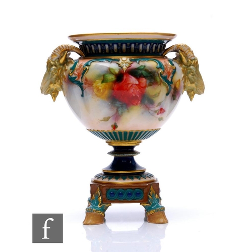 62 - A Hadley Ware Worcester pedestal jardiniere, lobed bowl form with twin ram's head moulded handles, d... 