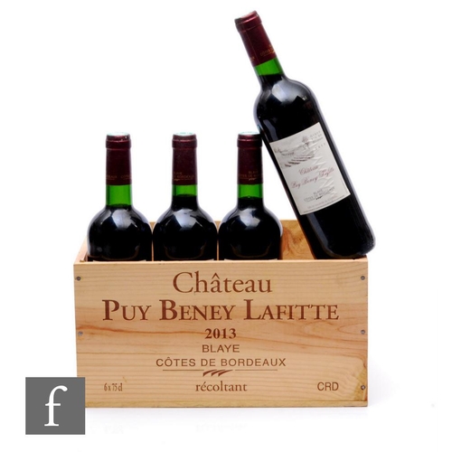 623 - Four bottles of Chateau Puy Beney Lafite, 2013, Bordeaux, France, red, in wooden crate. (4)PLEASE VI... 