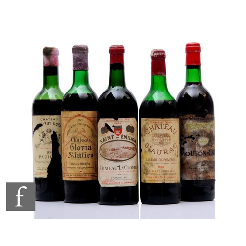 638 - Five bottles of French red wines, to include 1959 Chateau Grand-Puy Ducasse, 1974 Baron Philippe de ... 