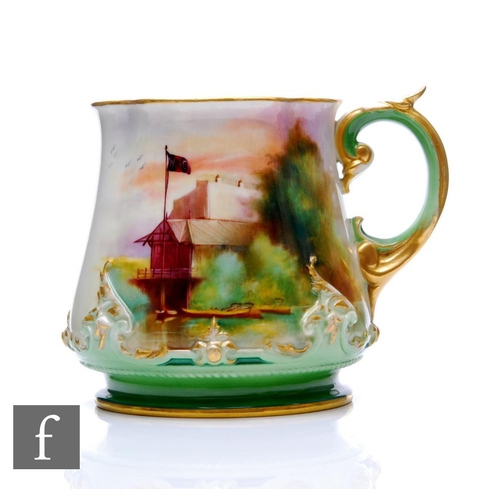 67 - A Royal Worcester mug circa 1907, of quatrelobed shape, painted by Harry Martin with a scene of Worc... 