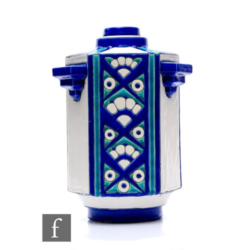 69 - A Keramis Art Deco hexagonal shaped vase with three stepped blue handles and stylised fan decorated ... 