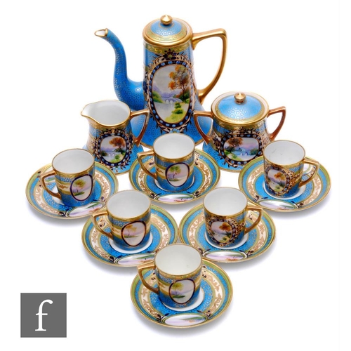 75 - A Noritake coffee service, comprising coffee pot, milk, sugar, and six cups and saucers, each decora... 