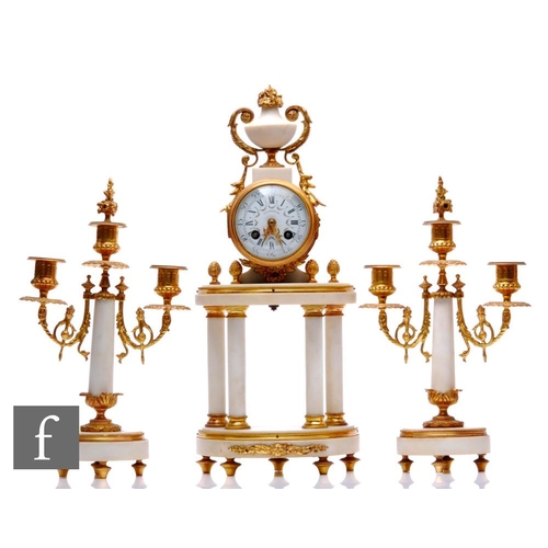 760 - A 20th Century French gilt and white marble clock garniture, the enamel dial signed Lecarpentier wit... 