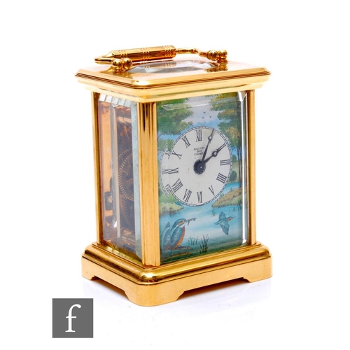 764 - A Halcyon Days miniature brass carriage clock, the face decorated with kingfishers, height 8cm, case... 