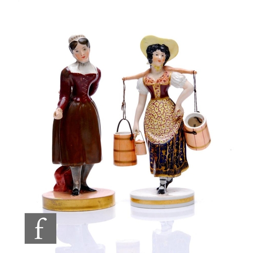 81 - Two porcelain figures, in the style of Chamberlains Worcester, modelled as a Broom Girl and Milk Mai... 