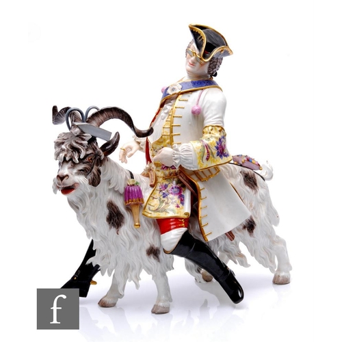 195 - A large 19th century Meissen porcelain figure of Count Brühl's Tailor on a goat, after the 18th Cent... 