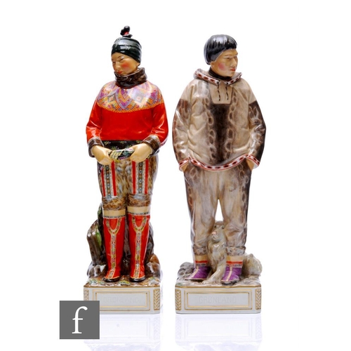 200 - A pair of Royal Copenhagen Greenlandic figures, to include Man with Sledge dog and Greenlandic Women... 