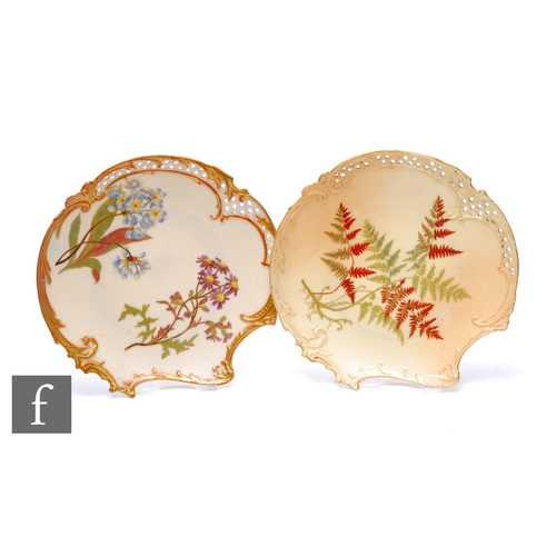 201 - Two Royal Worcester blush ivory Empress dessert plates, circa 1891, of asymmetric form with reticula... 