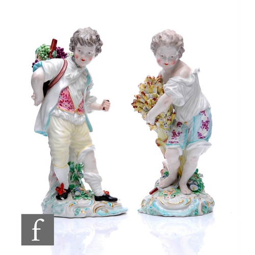 239 - A pair of late 19th Century Continental allegorical porcelain figures, each modelled as a young male... 