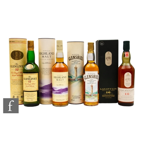 604 - Four bottles of Scottish single malt whisky, to include Lagavulin 16 years aged, Glenshiel, The Glen... 