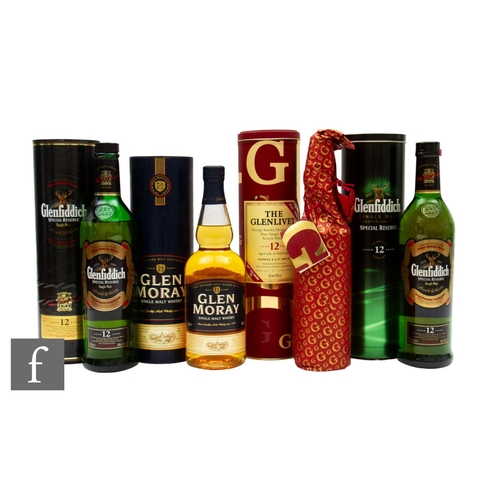 605 - Four bottles of Scottish single malt whisky, including Glenfiddich 12 years aged, Glen Moray, The Gl... 