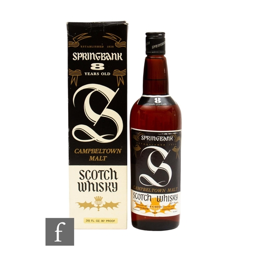 A bottle of Springbank Campbeltown single malt whisky, 8 years aged, 1970s bottling, labelled 26 2/3 OZ 80 proof, with original box.